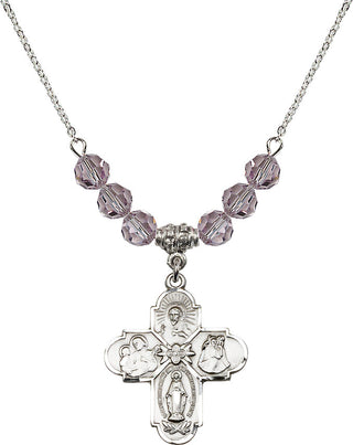 18" Rhodium Plated Necklace with 4mm Light Amethyst Crystal Beads featuring a Sterling Silver 4-Way Medal.