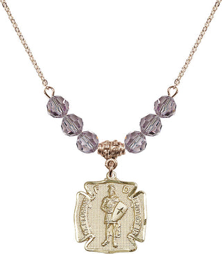 18" Hamilton Gold Plated Necklace with 4mm Light Amethyst Crystal Beads featuring a 14kt Gold Filled Saint Florian Medal. Engraved Catholic Saint Jewelry