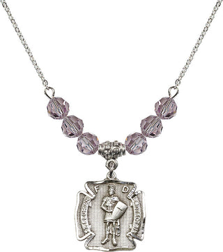 18" Rhodium Plated Necklace with 4mm Light Amethyst Crystal Beads featuring a Sterling Silver Saint Florian Medal. Engraved Catholic Saint Jewelry