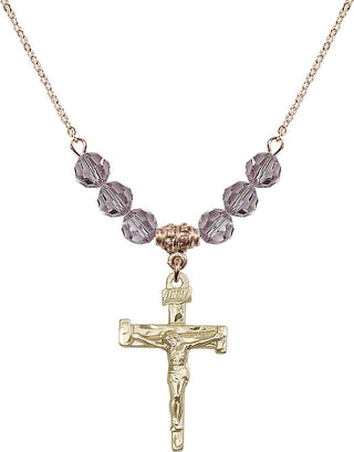 18" Hamilton Gold Plated Necklace with 4mm Light Amethyst Crystal Beads featuring a 14kt Gold Filled Nail Crucifix Medal.