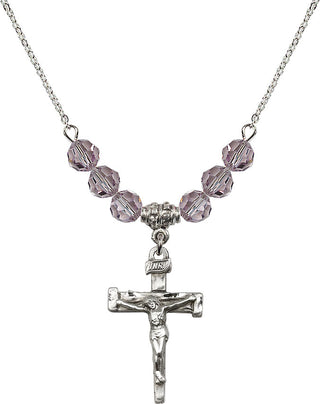 18" Rhodium Plated Necklace with 4mm Light Amethyst Crystal Beads featuring a Sterling Silver Nail Crucifix Medal.