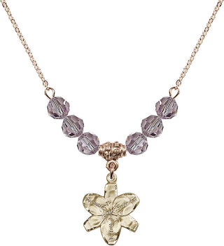 18" Hamilton Gold Plated Necklace with 4mm Light Amethyst Crystal Beads featuring a 14kt Gold Filled Chastity Medal.