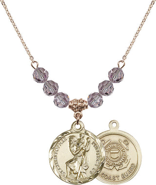 18" Hamilton Gold Plated Necklace with 4mm Light Amethyst Crystal Beads featuring a 14kt Gold Filled Saint Christopher / Coast Guard Medal.