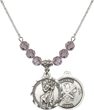18" Rhodium Plated Necklace with 4mm Light Amethyst Crystal Beads featuring a Sterling Silver Saint Christopher / Nat'l Guard Medal.