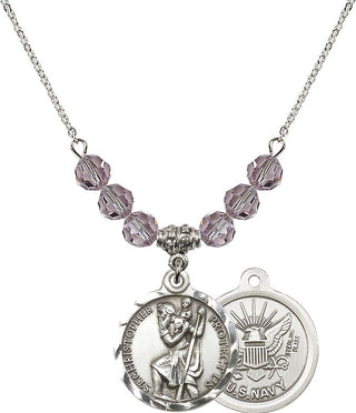 18" Rhodium Plated Necklace with 4mm Light Amethyst Crystal Beads featuring a Sterling Silver Saint Christopher / Navy Medal.