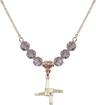 18" Hamilton Gold Plated Necklace with 4mm Light Amethyst Crystal Beads featuring a 14kt Gold Filled Saint Brigid Cross Medal.