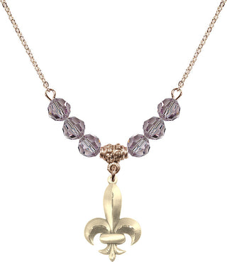 18" Hamilton Gold Plated Necklace with 4mm Light Amethyst Crystal Beads featuring a 14kt Gold Filled Fleur de Lis Medal.