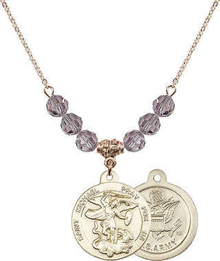 18" Hamilton Gold Plated Necklace with 4mm Light Amethyst Crystal Beads featuring a 14kt Gold Filled Saint Michael / Army Medal.