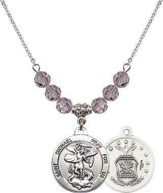 18" Rhodium Plated Necklace with 4mm Light Amethyst Crystal Beads featuring a Sterling Silver Saint Michael / Air Force Medal.