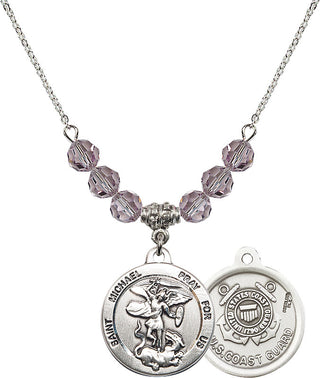 18" Rhodium Plated Necklace with 4mm Light Amethyst Crystal Beads featuring a Sterling Silver Saint Michael / Coast Guard Medal.