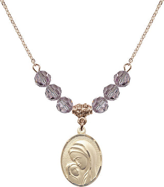 18" Hamilton Gold Plated Necklace with 4mm Light Amethyst Crystal Beads featuring a 14kt Gold Filled Madonna & Child Medal.