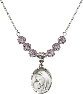 18" Rhodium Plated Necklace with 4mm Light Amethyst Crystal Beads featuring a Sterling Silver Madonna & Child Medal.