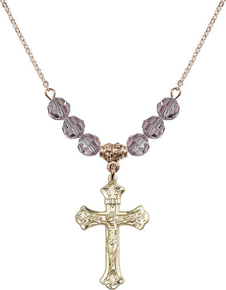 18" Hamilton Gold Plated Necklace with 4mm Light Amethyst Crystal Beads featuring a 14kt Gold Filled Crucifix Medal.