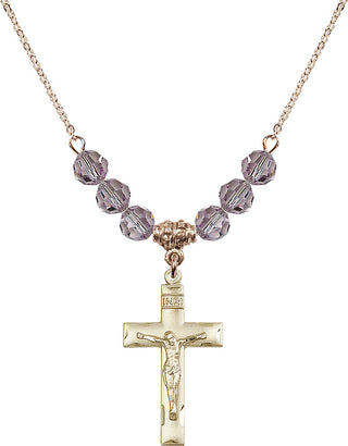 18" Hamilton Gold Plated Necklace with 4mm Light Amethyst Crystal Beads featuring a 14kt Gold Filled Crucifix Medal.