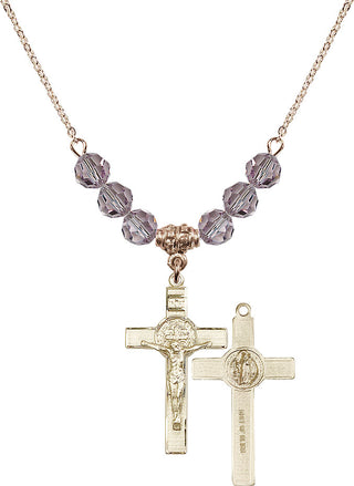 18" Hamilton Gold Plated Necklace with 4mm Light Amethyst Crystal Beads featuring a 14kt Gold Filled Saint Benedict Crucifix Medal.