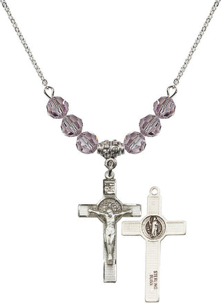 18" Rhodium Plated Necklace with 4mm Light Amethyst Crystal Beads featuring a Sterling Silver Saint Benedict Crucifix Medal.