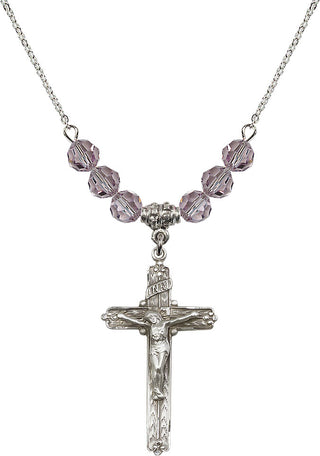 18" Rhodium Plated Necklace with 4mm Light Amethyst Crystal Beads featuring a Sterling Silver Crucifix Medal.