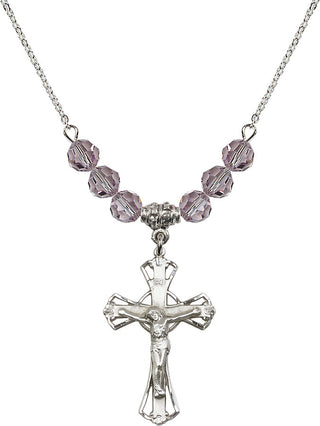 18" Rhodium Plated Necklace with 4mm Light Amethyst Crystal Beads featuring a Sterling Silver Crucifix Medal.