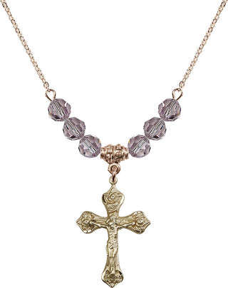 18" Hamilton Gold Plated Necklace with 4mm Light Amethyst Crystal Beads featuring a 14kt Gold Filled Crucifix Medal.