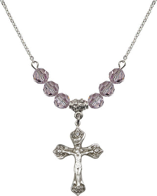 18" Rhodium Plated Necklace with 4mm Light Amethyst Crystal Beads featuring a Sterling Silver Crucifix Medal.