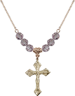 18" Hamilton Gold Plated Necklace with 4mm Light Amethyst Crystal Beads featuring a 14kt Gold Filled Crucifix Medal.