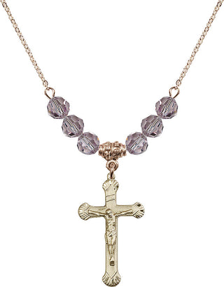 18" Hamilton Gold Plated Necklace with 4mm Light Amethyst Crystal Beads featuring a 14kt Gold Filled Crucifix Medal.