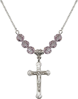 18" Rhodium Plated Necklace with 4mm Light Amethyst Crystal Beads featuring a Sterling Silver Crucifix Medal.