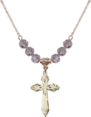 18" Hamilton Gold Plated Necklace with 4mm Light Amethyst Crystal Beads featuring a 14kt Gold Filled Cross Medal.