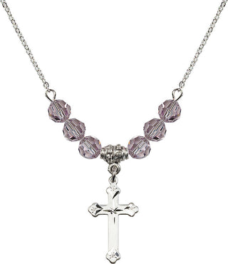 18" Rhodium Plated Necklace with 4mm Light Amethyst Crystal Beads featuring a Sterling Silver Cross Medal.