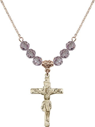 18" Hamilton Gold Plated Necklace with 4mm Light Amethyst Crystal Beads featuring a 14kt Gold Filled Crucifix Medal.