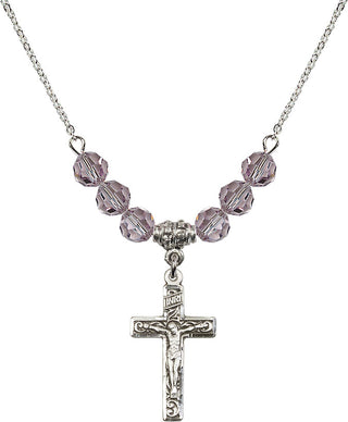 18" Rhodium Plated Necklace with 4mm Light Amethyst Crystal Beads featuring a Sterling Silver Crucifix Medal.