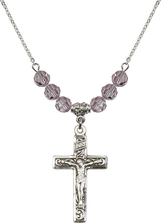 18" Rhodium Plated Necklace with 4mm Light Amethyst Crystal Beads featuring a Sterling Silver Crucifix Medal.