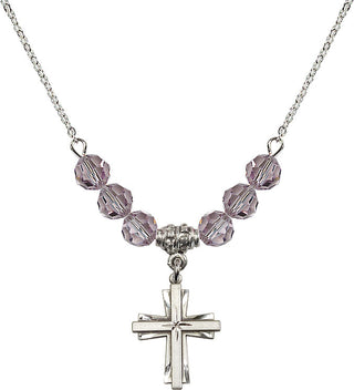 18" Rhodium Plated Necklace with 4mm Light Amethyst Crystal Beads featuring a Sterling Silver Cross Medal.