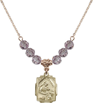 18" Hamilton Gold Plated Necklace with 4mm Light Amethyst Crystal Beads featuring a 14kt Gold Filled Saint Ann Medal. Engraved Catholic Saint Jewelry