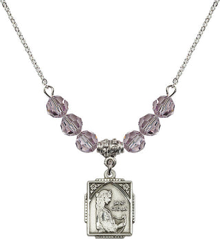 18" Rhodium Plated Necklace with 4mm Light Amethyst Crystal Beads featuring a Sterling Silver Saint Cecilia Medal. Engraved Catholic Saint Jewelry