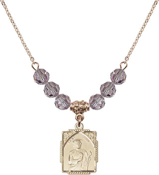 18" Hamilton Gold Plated Necklace with 4mm Light Amethyst Crystal Beads featuring a 14kt Gold Filled Saint Jude Medal. Engraved Catholic Saint Jewelry