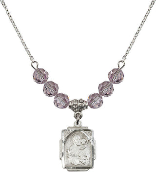 18" Rhodium Plated Necklace with 4mm Light Amethyst Crystal Beads featuring a Sterling Silver Saint Joseph Medal. Engraved Catholic Saint Jewelry