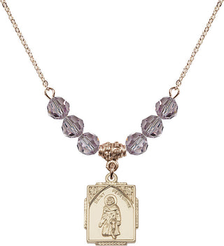 18" Hamilton Gold Plated Necklace with 4mm Light Amethyst Crystal Beads featuring a 14kt Gold Filled Saint Peregrine Medal. Engraved Catholic Saint Jewelry
