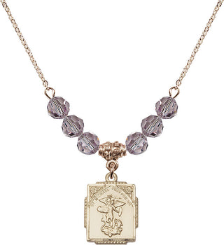 18" Hamilton Gold Plated Necklace with 4mm Light Amethyst Crystal Beads featuring a 14kt Gold Filled Saint Michael the Archangel Medal. Engraved Catholic Saint Jewelry