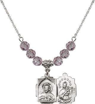 18" Rhodium Plated Necklace with 4mm Light Amethyst Crystal Beads featuring a Sterling Silver Scapular Medal.