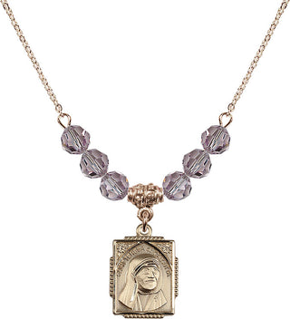 18" Hamilton Gold Plated Necklace with 4mm Light Amethyst Crystal Beads featuring a 14kt Gold Filled Saint Teresa of Calcutta Medal. Engraved Catholic Saint Jewelry