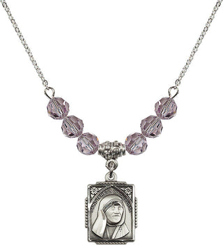 18" Rhodium Plated Necklace with 4mm Light Amethyst Crystal Beads featuring a Sterling Silver Saint Teresa of Calcutta Medal. Engraved Catholic Saint Jewelry