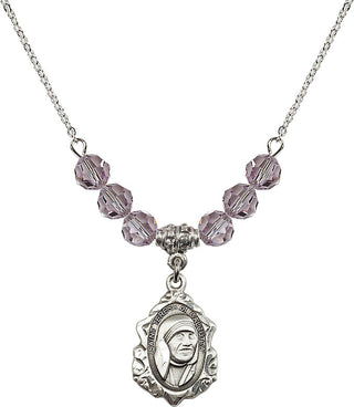 18" Rhodium Plated Necklace with 4mm Light Amethyst Crystal Beads featuring a Sterling Silver Saint Teresa of Calcutta Medal.