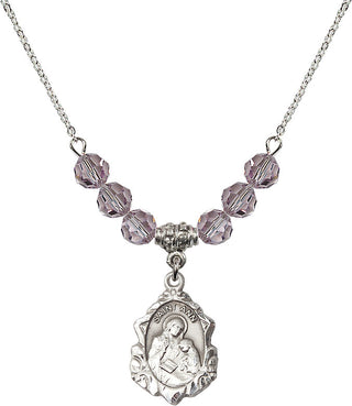 18" Rhodium Plated Necklace with 4mm Light Amethyst Crystal Beads featuring a Sterling Silver Saint Ann Medal. Engraved Catholic Saint Jewelry