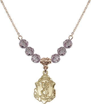 18" Hamilton Gold Plated Necklace with 4mm Light Amethyst Crystal Beads featuring a 14kt Gold Filled Saint Christopher Medal. Engraved Catholic Saint Jewelry