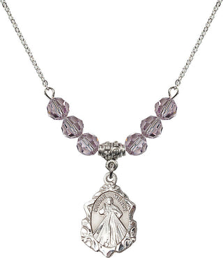 18" Rhodium Plated Necklace with 4mm Light Amethyst Crystal Beads featuring a Sterling Silver Divine Mercy Medal. Engraved Catholic Saint Jewelry