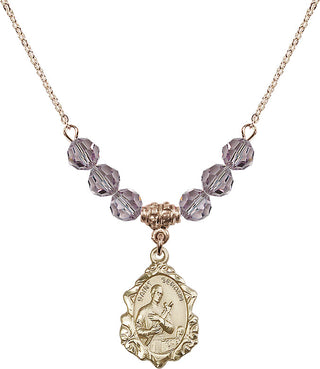 18" Hamilton Gold Plated Necklace with 4mm Light Amethyst Crystal Beads featuring a 14kt Gold Filled Saint Gerard Medal. Engraved Catholic Saint Jewelry