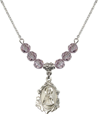 18" Rhodium Plated Necklace with 4mm Light Amethyst Crystal Beads featuring a Sterling Silver Infant of Prague Medal. Engraved Catholic Saint Jewelry