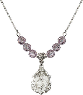 18" Rhodium Plated Necklace with 4mm Light Amethyst Crystal Beads featuring a Sterling Silver Saint Jude Medal. Engraved Catholic Saint Jewelry
