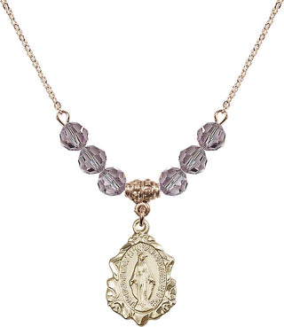 18" Hamilton Gold Plated Necklace with 4mm Light Amethyst Crystal Beads featuring a 14kt Gold Filled Miraculous Medal. Engraved Catholic Saint Jewelry